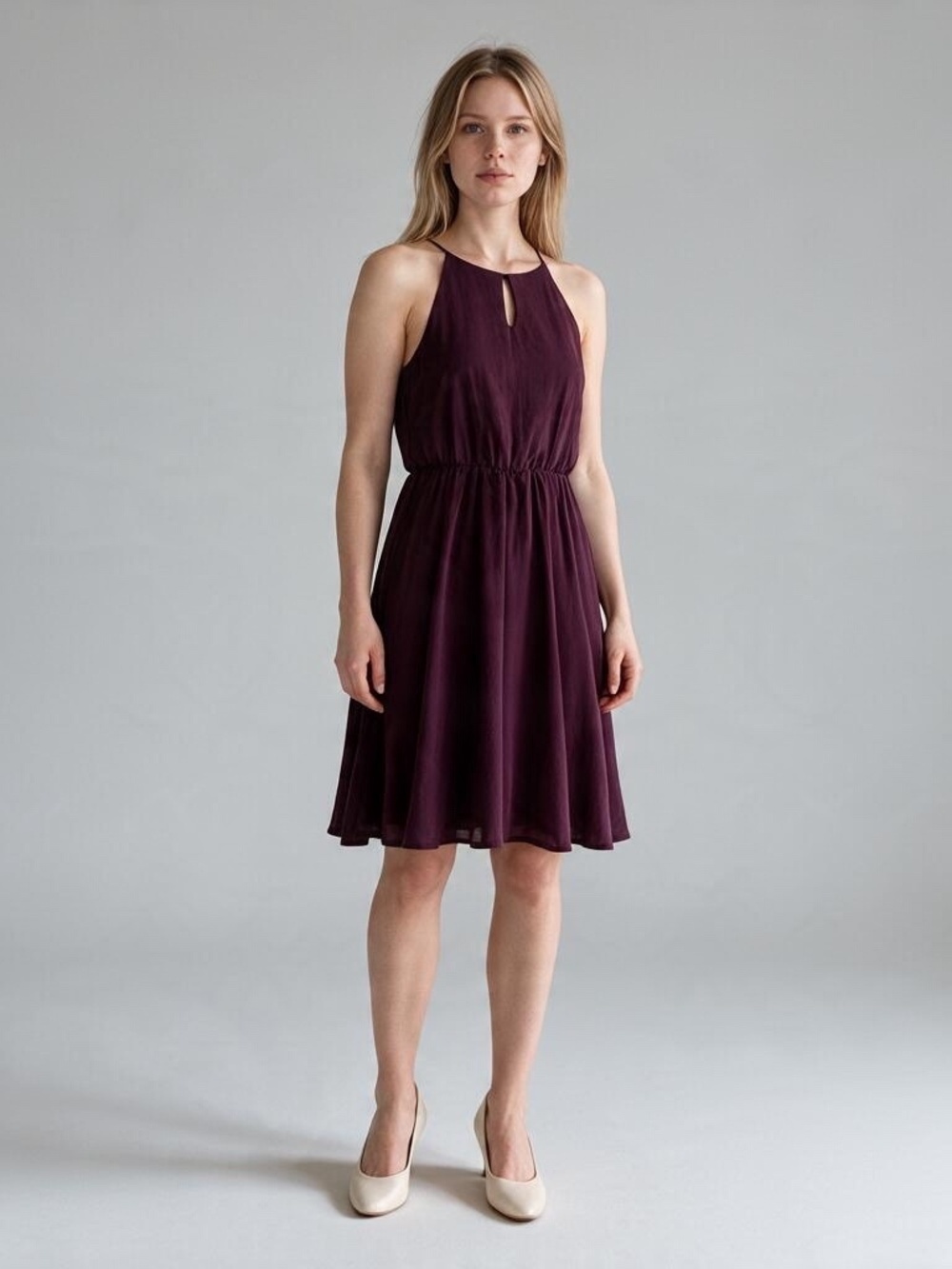 Maroon Keyhole Halter-Style Fit-and-Flare Dress – Small